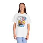 Person wearing a tee with a blue-haired girl eating ramen beside a golden ginger cat printed on the front Person wearing a tee with a blue-haired girl eating ramen beside a golden ginger cat printed on the front