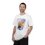 Person wearing a tee with a blue-haired girl eating ramen beside a golden ginger cat printed on the front Person wearing a tee with a blue-haired girl eating ramen beside a golden ginger cat printed on the front