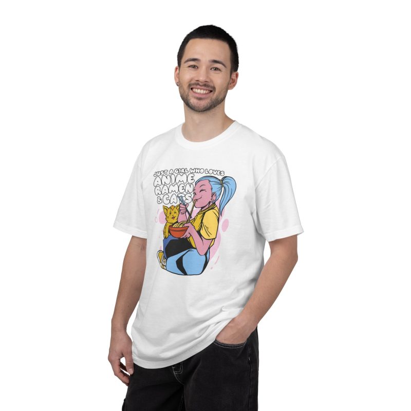 Person wearing a tee with a blue-haired girl eating ramen beside a golden ginger cat printed on the front
