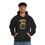 Person wearing a hoodie with a grinning rubber-hose cartoon cat holding a wrench printed on the front Person wearing a hoodie with a grinning rubber-hose cartoon cat holding a wrench printed on the front