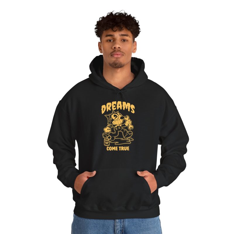 Person wearing a hoodie with a grinning rubber-hose cartoon cat holding a wrench printed on the front