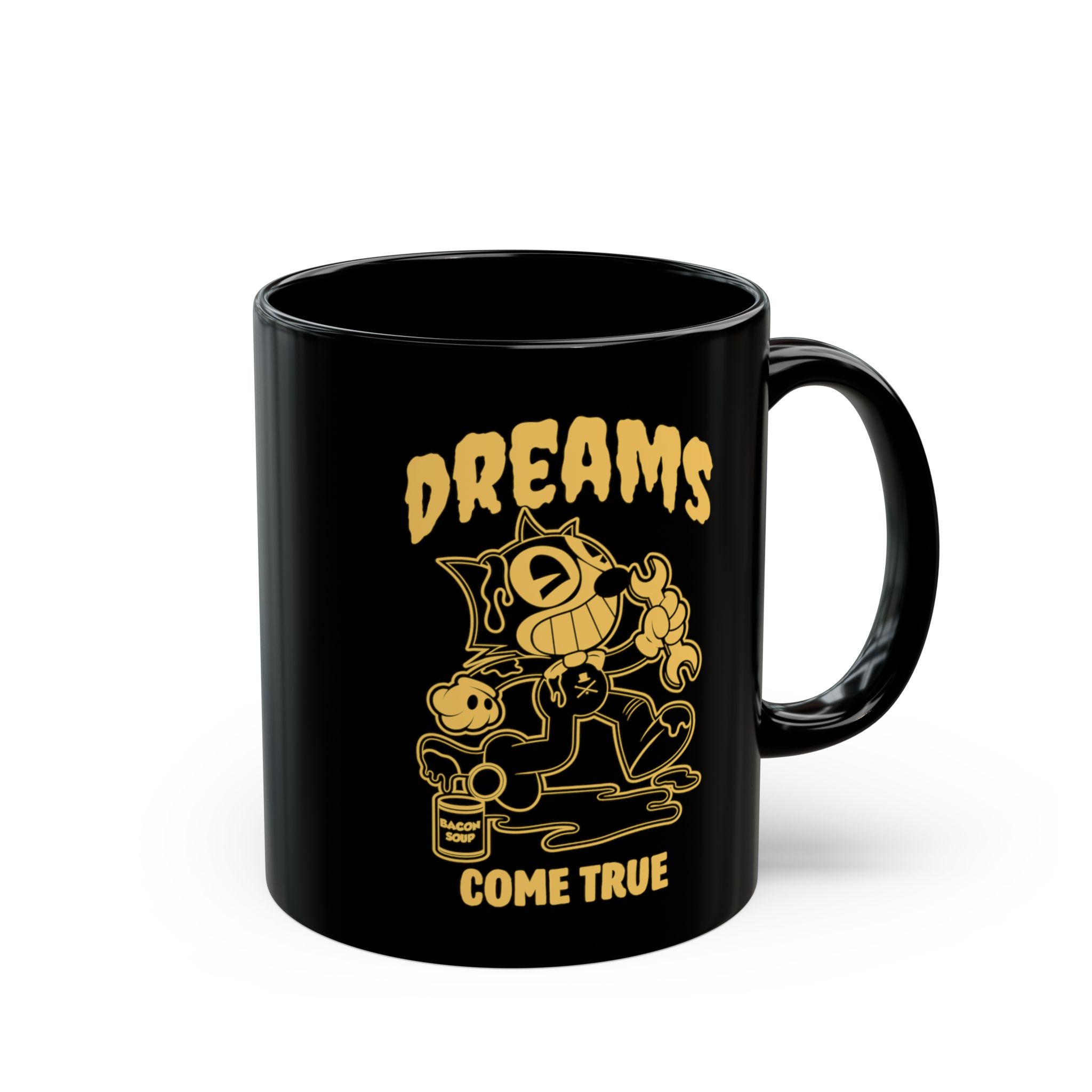 Glossy black ceramic mug showing a grinning rubber-hose cartoon cat holding a wrench