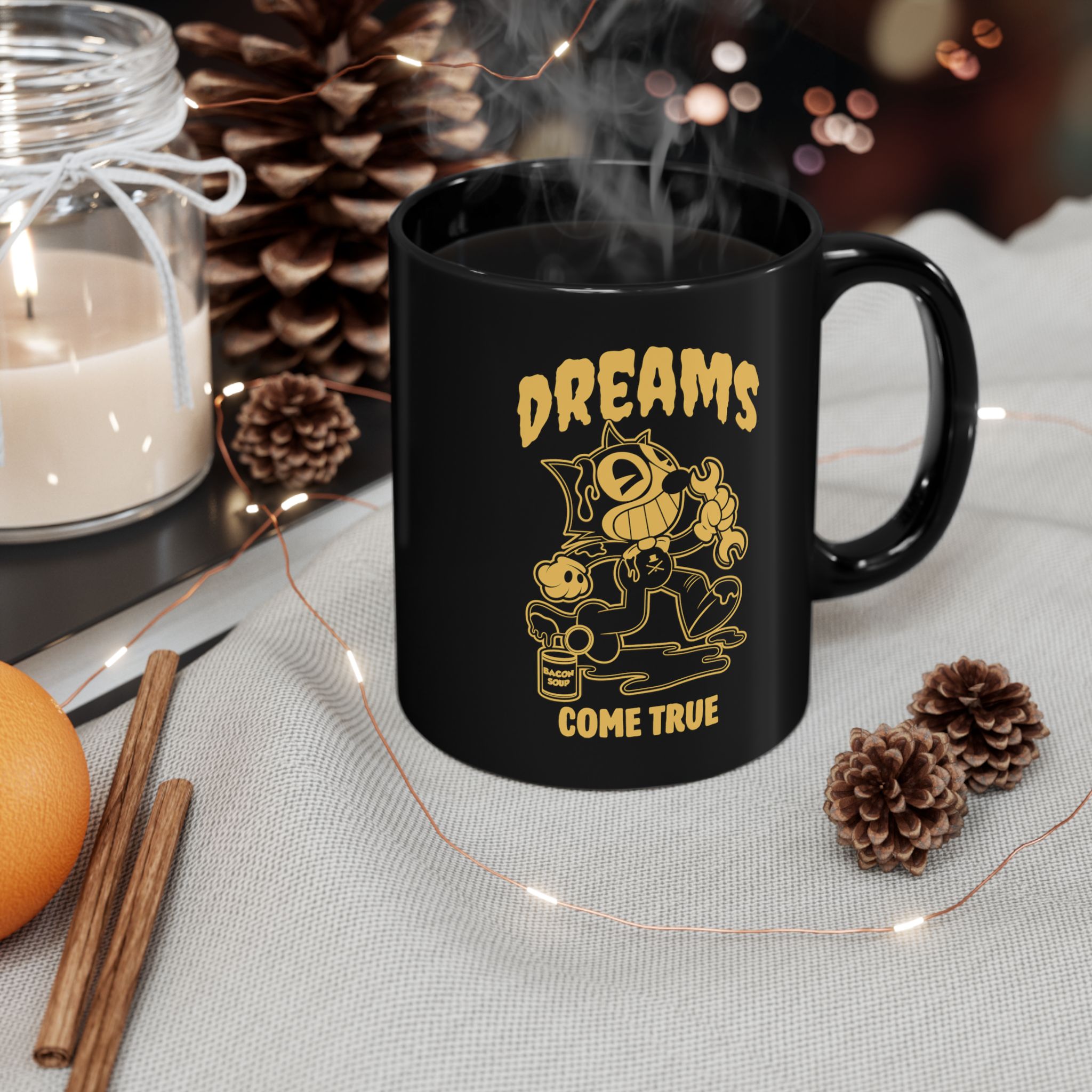 Glossy black ceramic mug showing a grinning rubber-hose cartoon cat holding a wrench