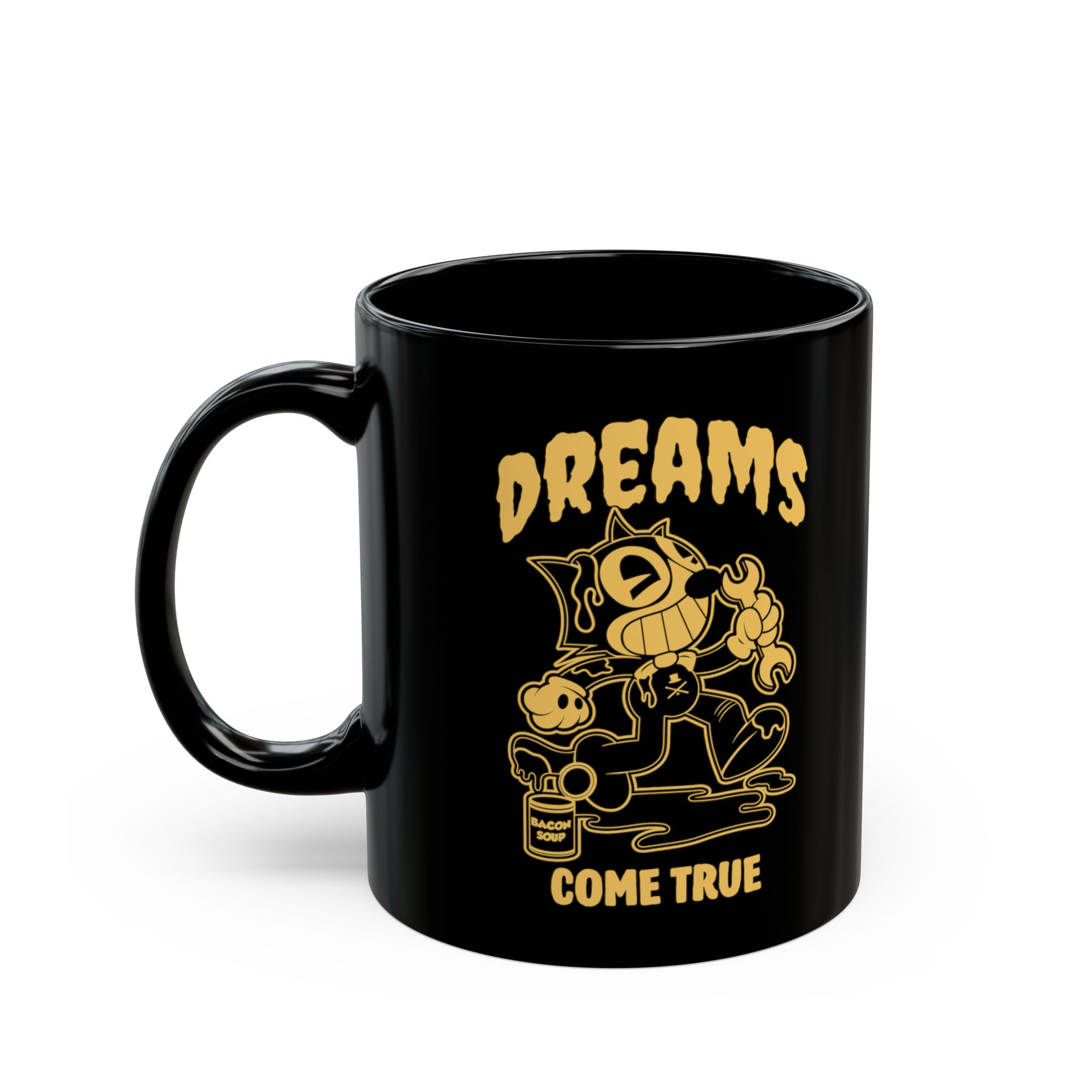 Glossy black ceramic mug showing a grinning rubber-hose cartoon cat holding a wrench