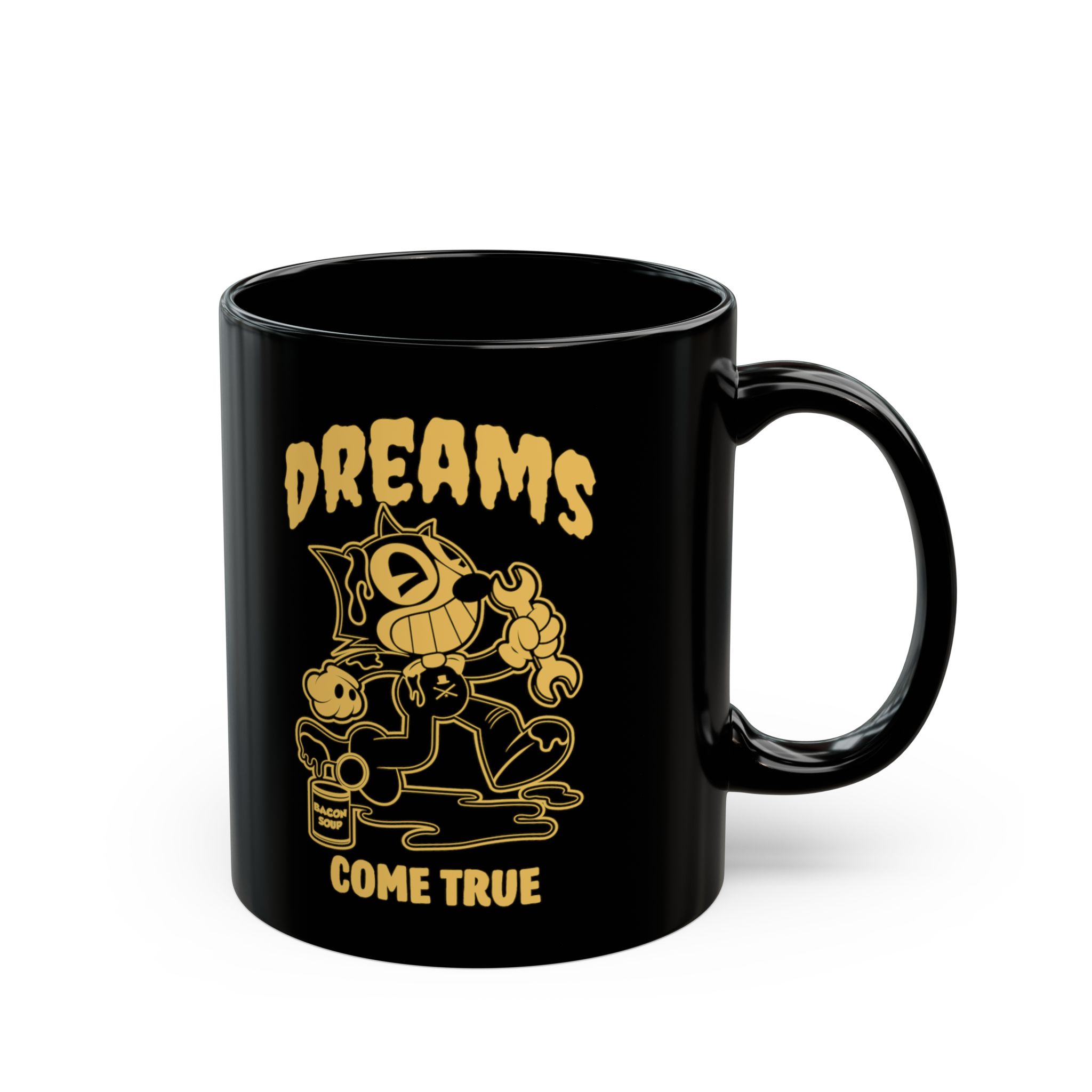Opposite side of the glossy black ceramic mug with the matching grinning cartoon cat and wrench graphic