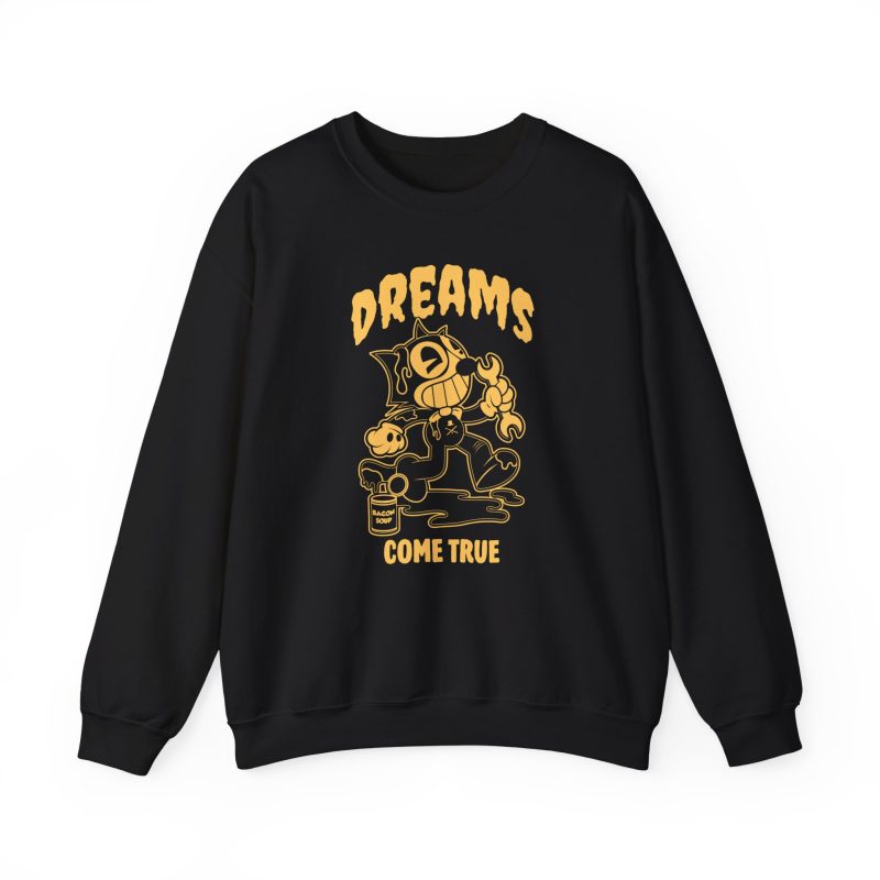 Front of the crewneck sweatshirt showing a grinning rubber-hose cartoon cat holding a wrench