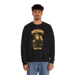 Person wearing a crewneck sweatshirt with a grinning rubber-hose cartoon cat holding a wrench printed on the front