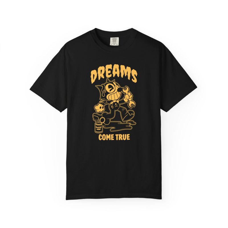 Front of the tee showing a grinning rubber-hose cartoon cat holding a wrench