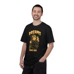 Person wearing a tee with a grinning rubber-hose cartoon cat holding a wrench printed on the front Person wearing a tee with a grinning rubber-hose cartoon cat holding a wrench printed on the front