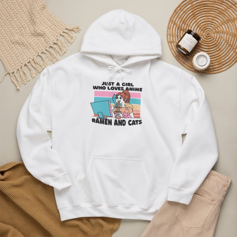 Ramen-eating girl at a computer with three colorful cats and bold lettering in the front print