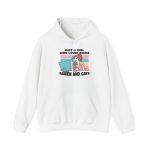Front of the hoodie showing a ramen-eating girl at a computer with three colorful cats Front of the hoodie showing a ramen-eating girl at a computer with three colorful cats