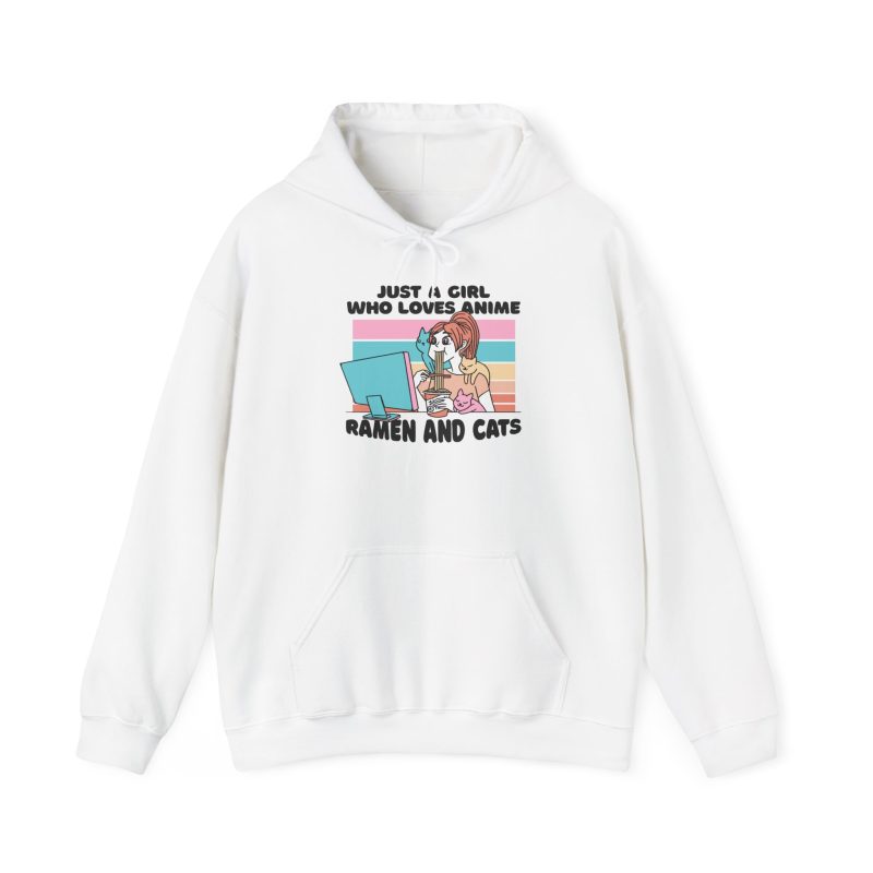 Front of the hoodie showing a ramen-eating girl at a computer with three colorful cats