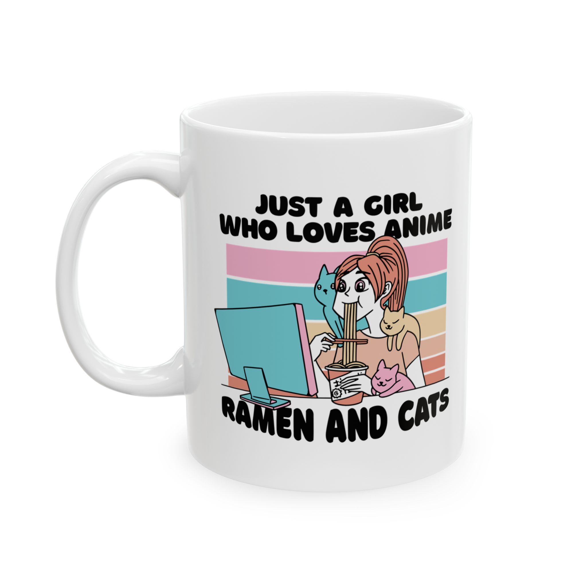 White ceramic mug showing a ramen-eating girl at a computer with three colorful cats