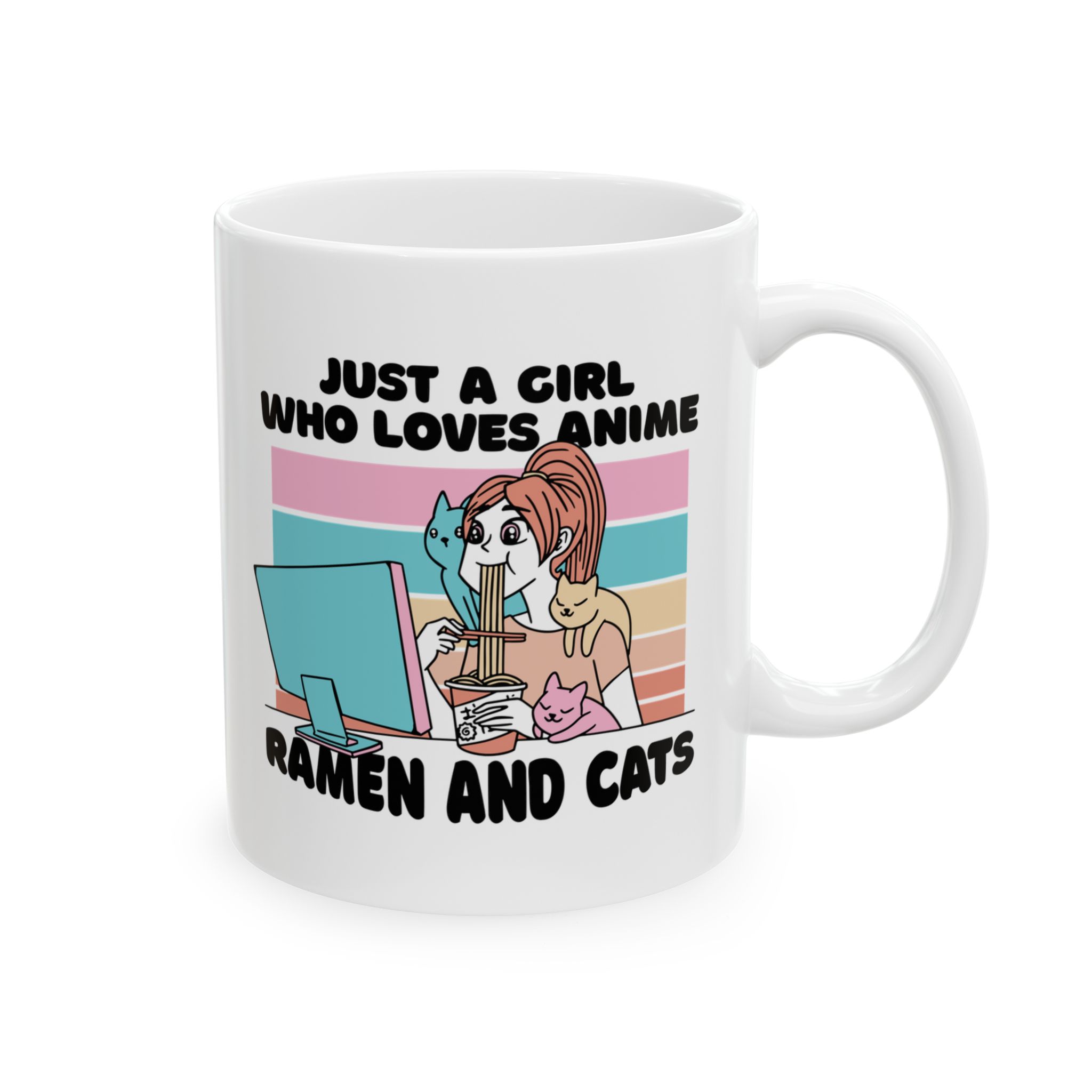 Opposite side of the white ceramic mug with the matching girl at a computer, ramen and three cats graphic