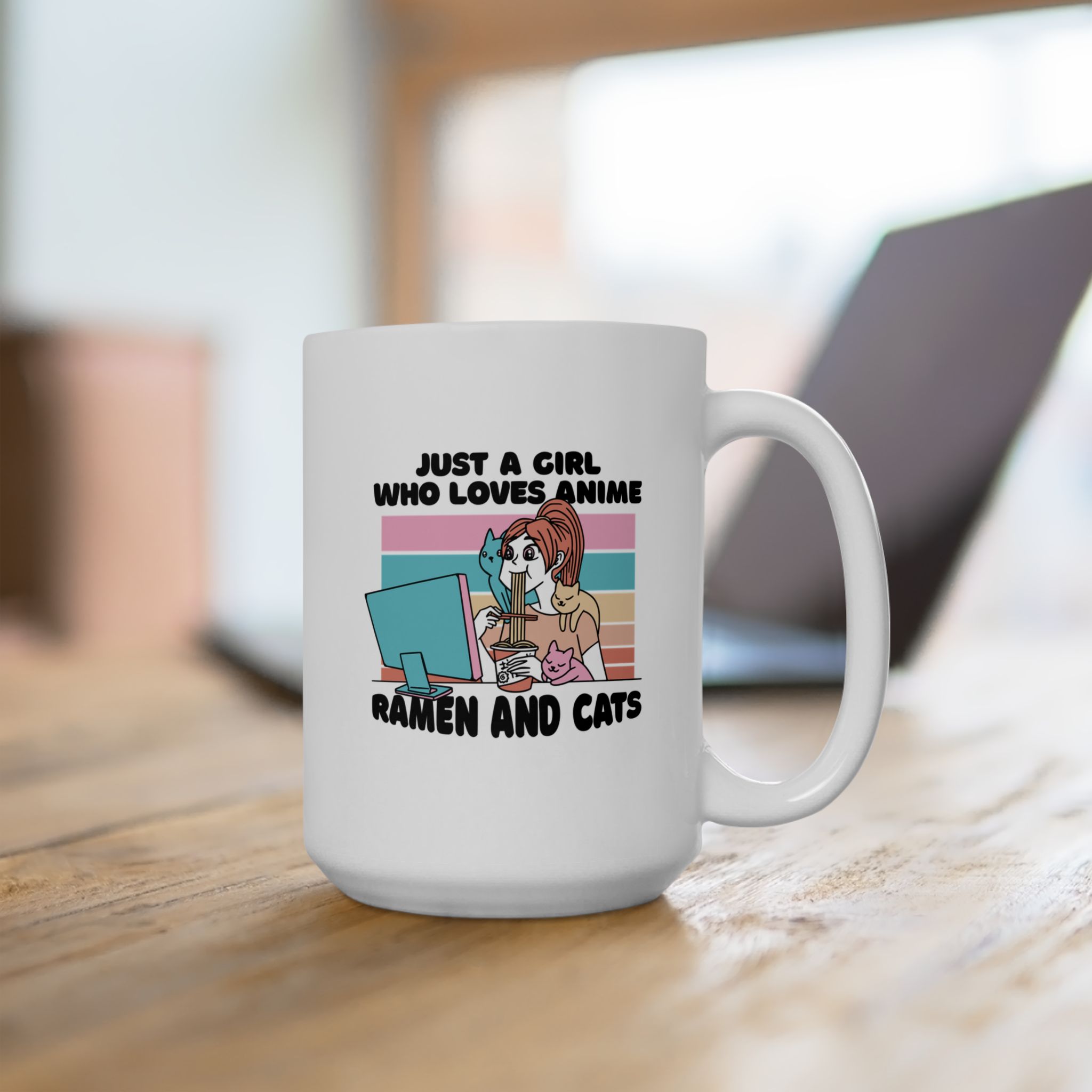 White ceramic mug showing a ramen-eating girl at a computer with three colorful cats