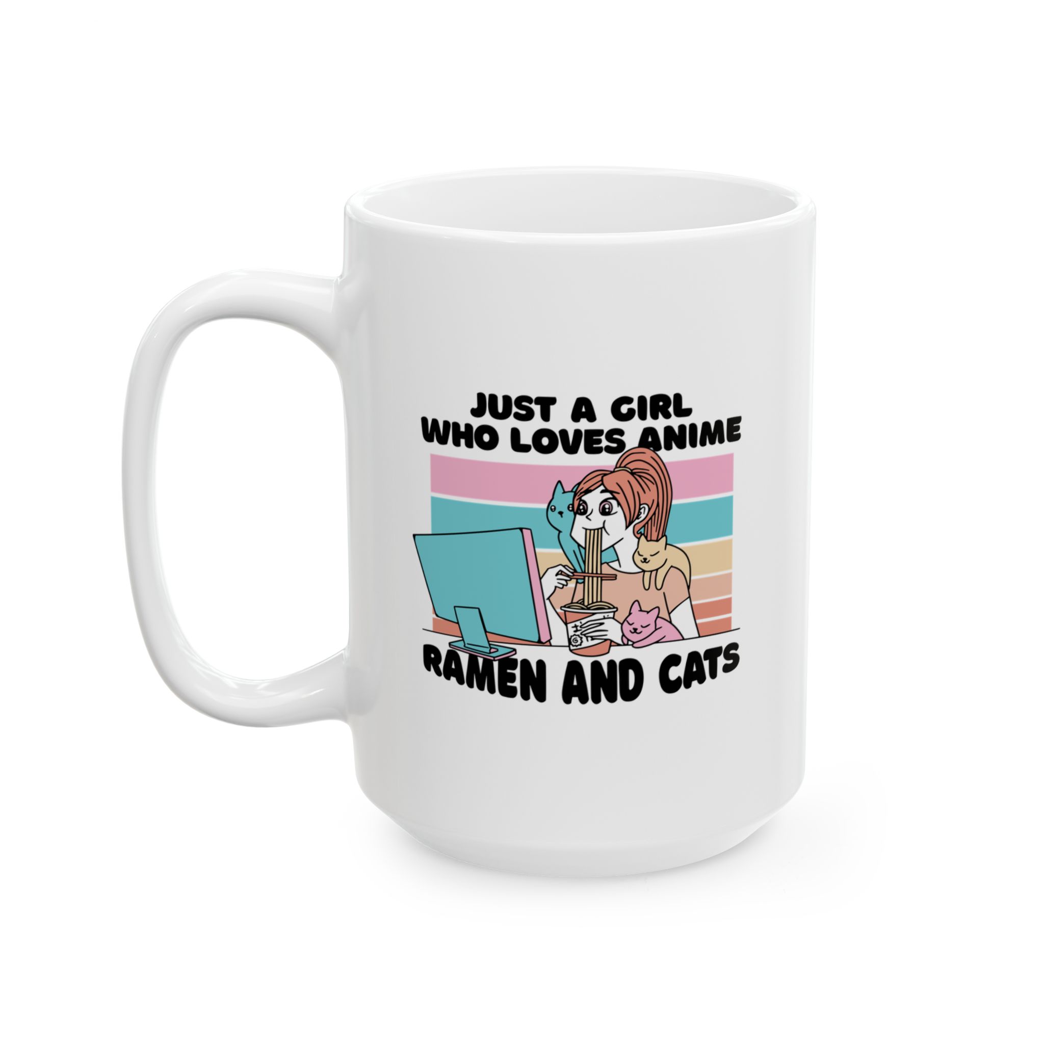 White ceramic mug showing a ramen-eating girl at a computer with three colorful cats