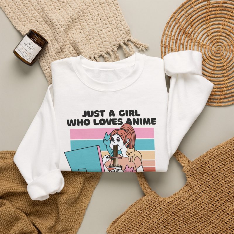Ramen-eating girl at a computer with three colorful cats and bold lettering in the front print