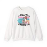 Front of the crewneck sweatshirt showing a ramen-eating girl at a computer with three colorful cats Front of the crewneck sweatshirt showing a ramen-eating girl at a computer with three colorful cats