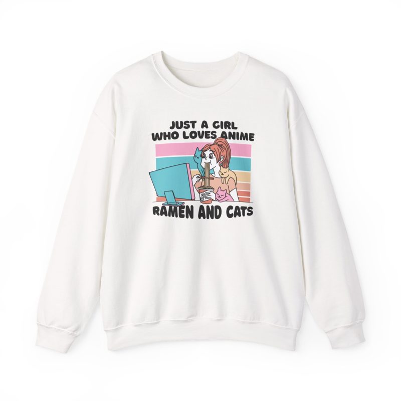 Front of the crewneck sweatshirt showing a ramen-eating girl at a computer with three colorful cats