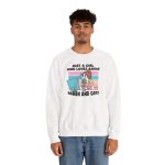 Person wearing a crewneck sweatshirt with a ramen-eating girl at a computer with three colorful cats printed on the front Person wearing a crewneck sweatshirt with a ramen-eating girl at a computer with three colorful cats printed on the front