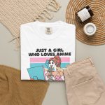 Ramen-eating girl at a computer with three colorful cats and bold lettering in the front print Ramen-eating girl at a computer with three colorful cats and bold lettering in the front print