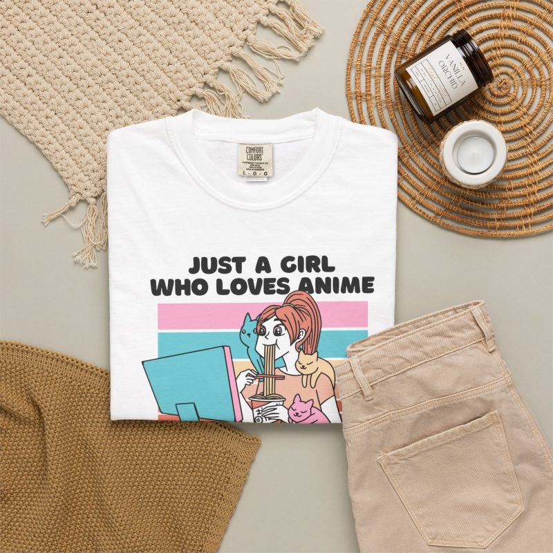 Ramen-eating girl at a computer with three colorful cats and bold lettering in the front print
