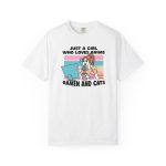 Front of the tee showing a ramen-eating girl at a computer with three colorful cats Front of the tee showing a ramen-eating girl at a computer with three colorful cats