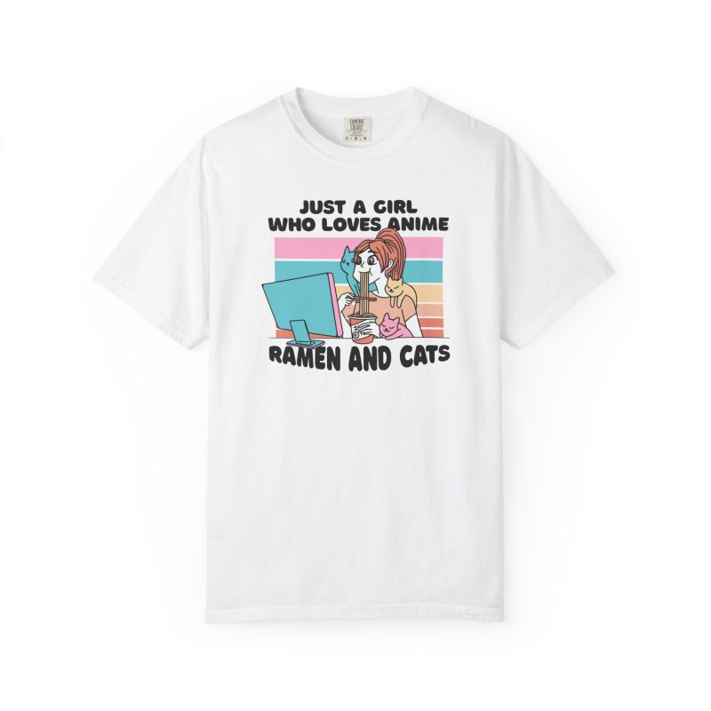 Front of the tee showing a ramen-eating girl at a computer with three colorful cats