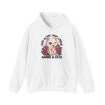Front of the hoodie showing a winking pale cream cat framed by red roses and green leaves