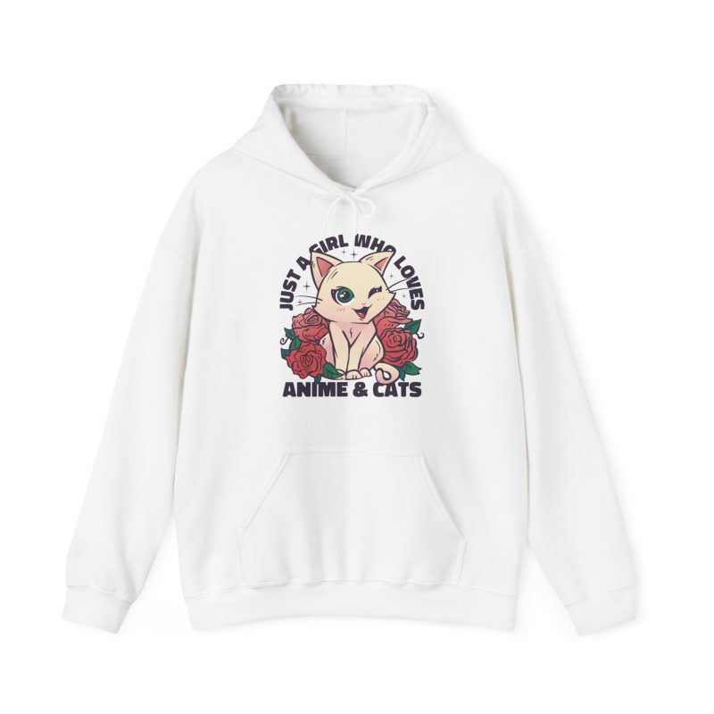 Front of the hoodie showing a winking pale cream cat framed by red roses and green leaves