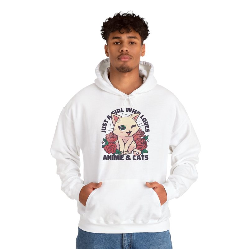 Person wearing a hoodie with a winking pale cream cat framed by red roses and green leaves printed on the front