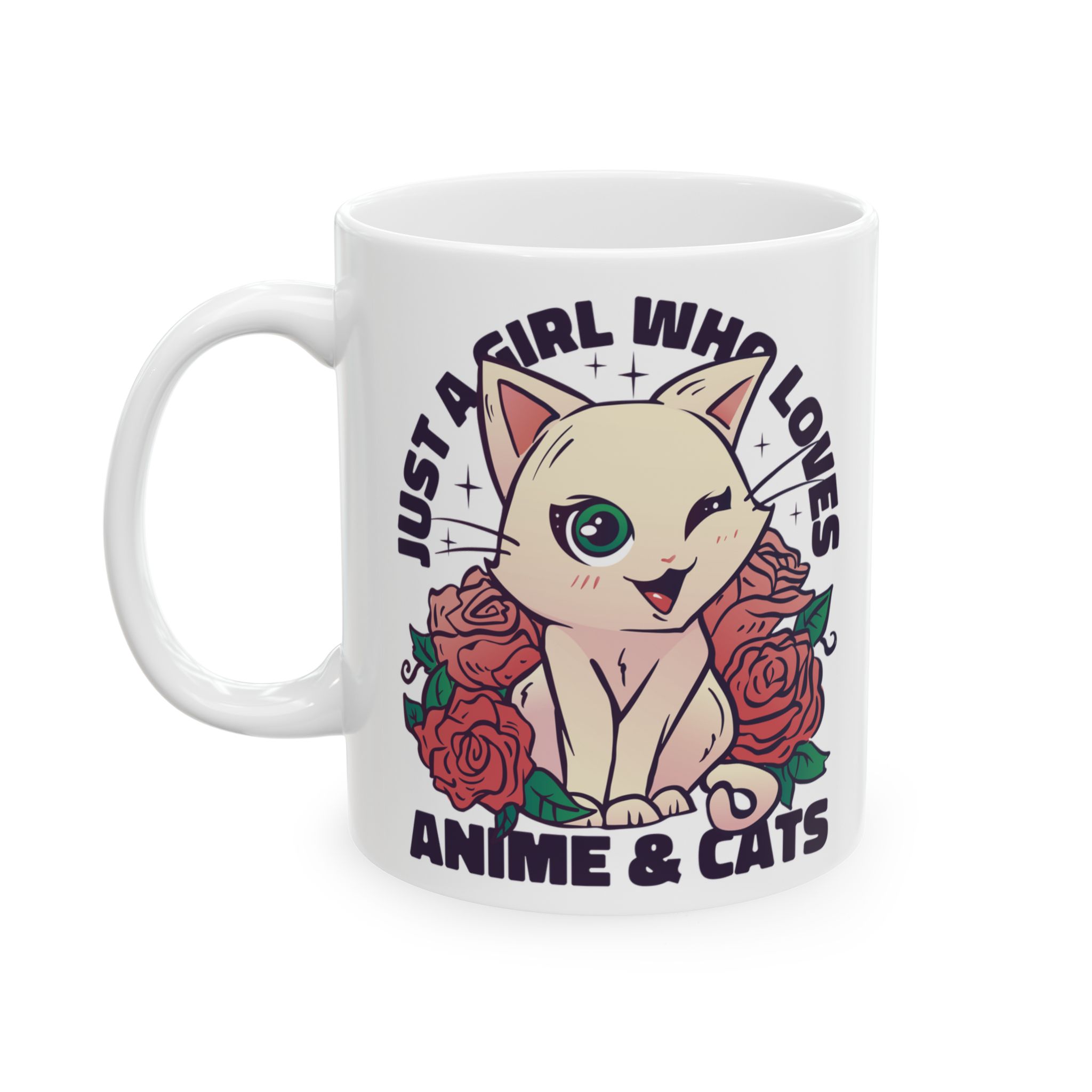 White ceramic mug showing a winking pale cream cat framed by red roses and green leaves