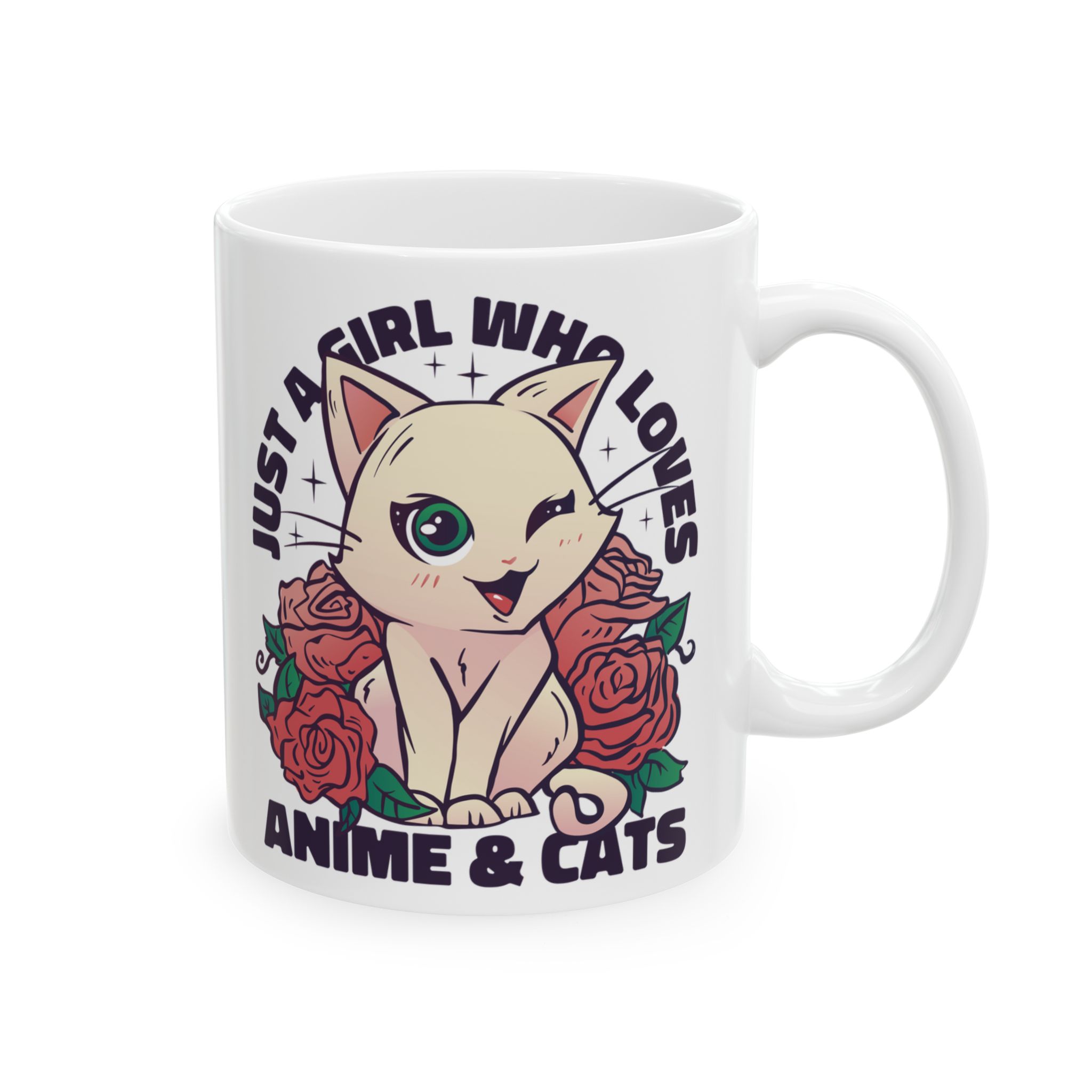 Opposite side of the white ceramic mug with the matching winking cat and roses graphic