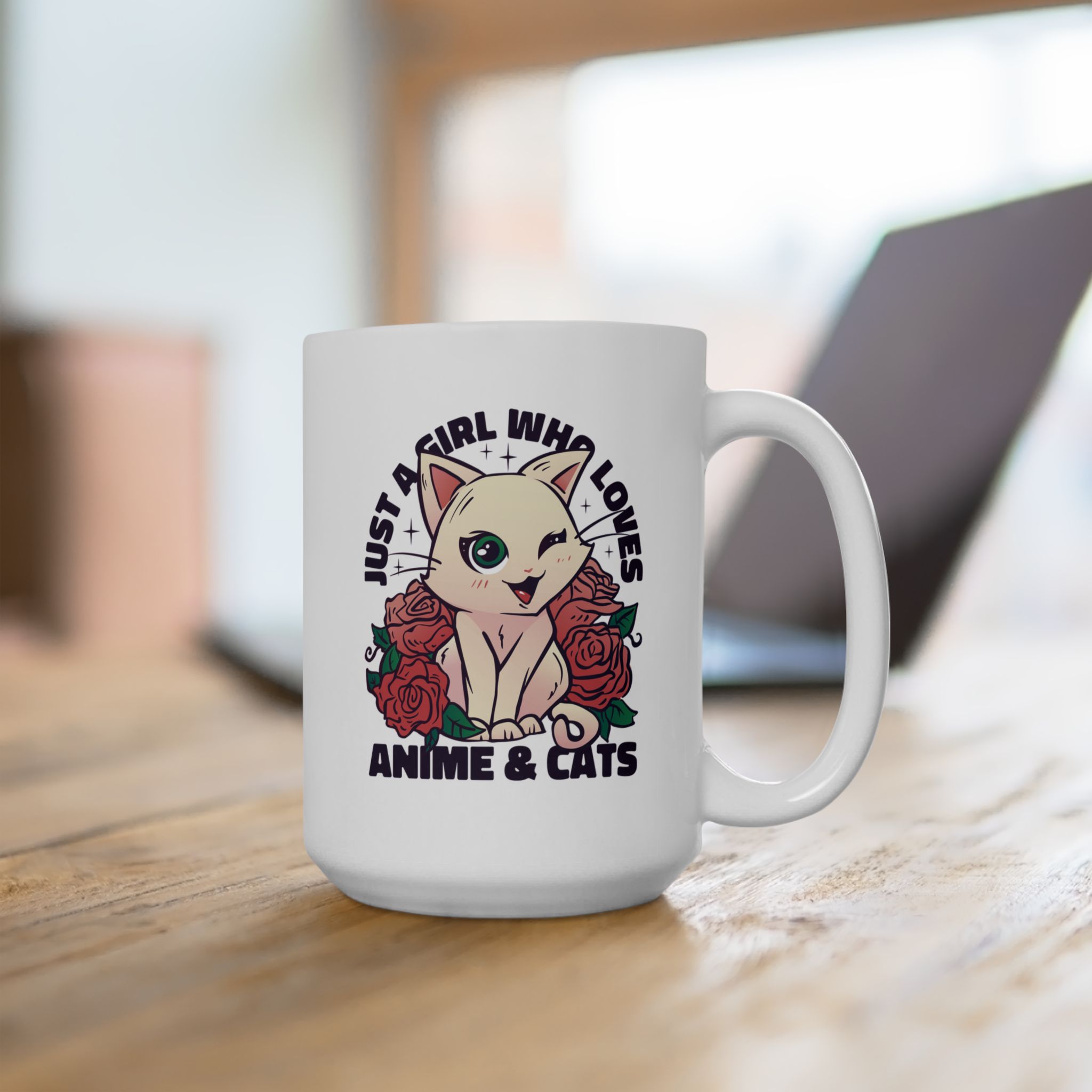 White ceramic mug showing a winking pale cream cat framed by red roses and green leaves