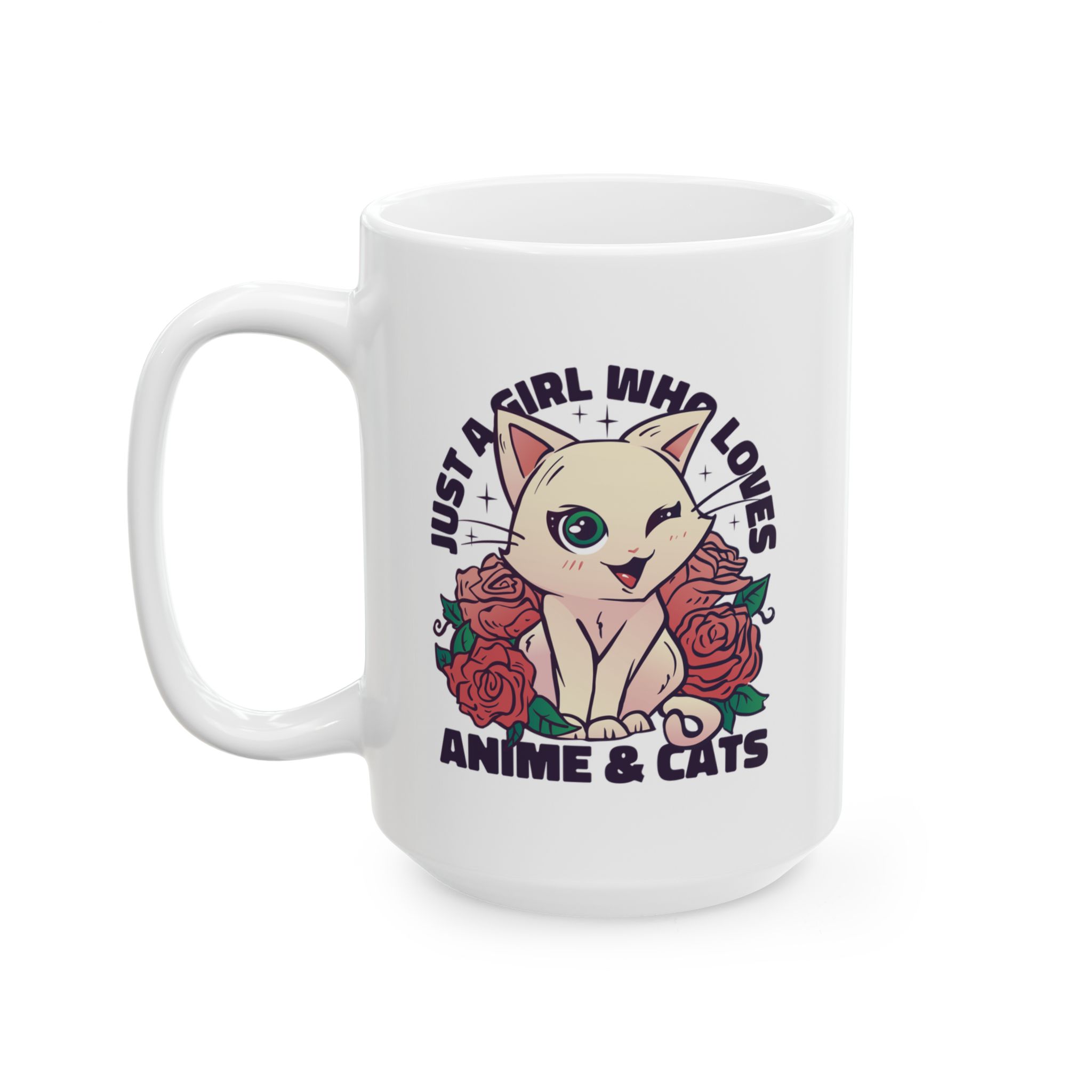 White ceramic mug showing a winking pale cream cat framed by red roses and green leaves