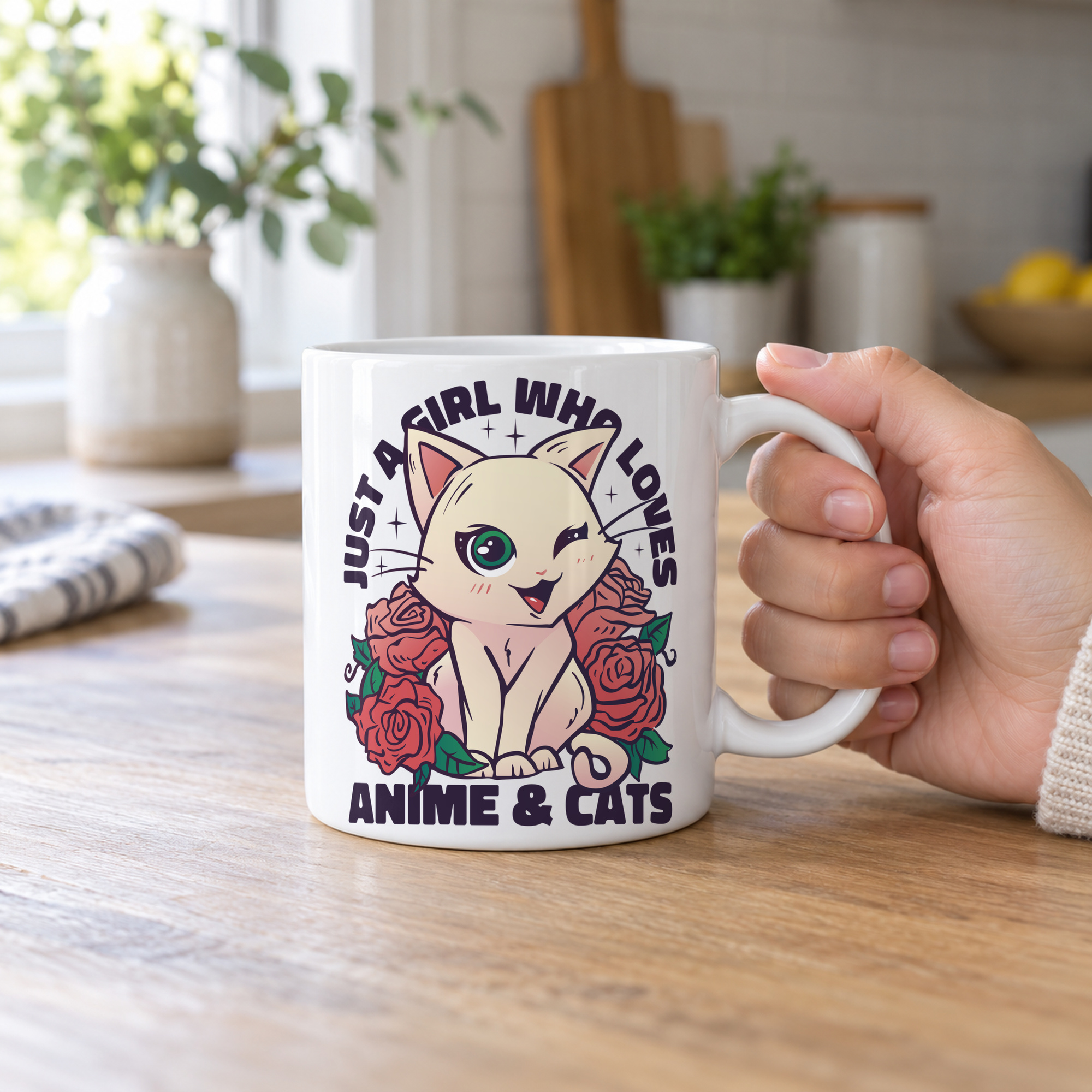 Person holding a white ceramic mug showing a winking pale cream cat framed by red roses and green leaves