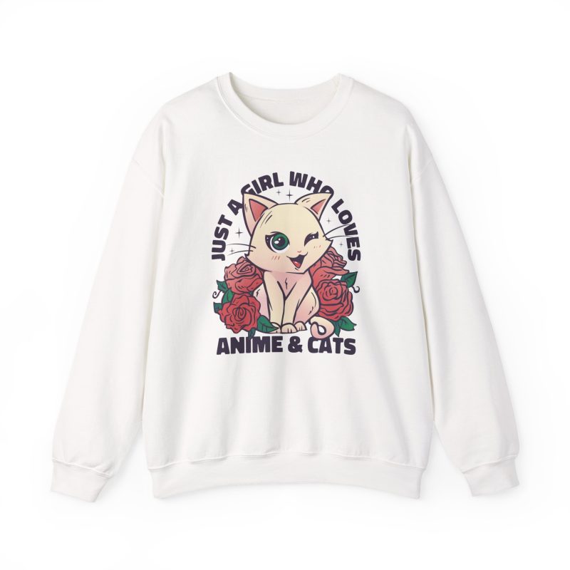 Front of the crewneck sweatshirt showing a winking pale cream cat framed by red roses and green leaves