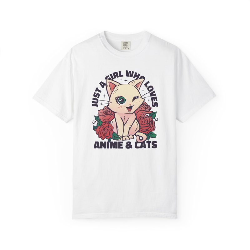 Front of the tee showing a winking pale cream cat framed by red roses and green leaves