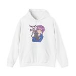 Front of the hoodie showing a lilac-haired anime girl hugging a green-eyed gray cat Front of the hoodie showing a lilac-haired anime girl hugging a green-eyed gray cat