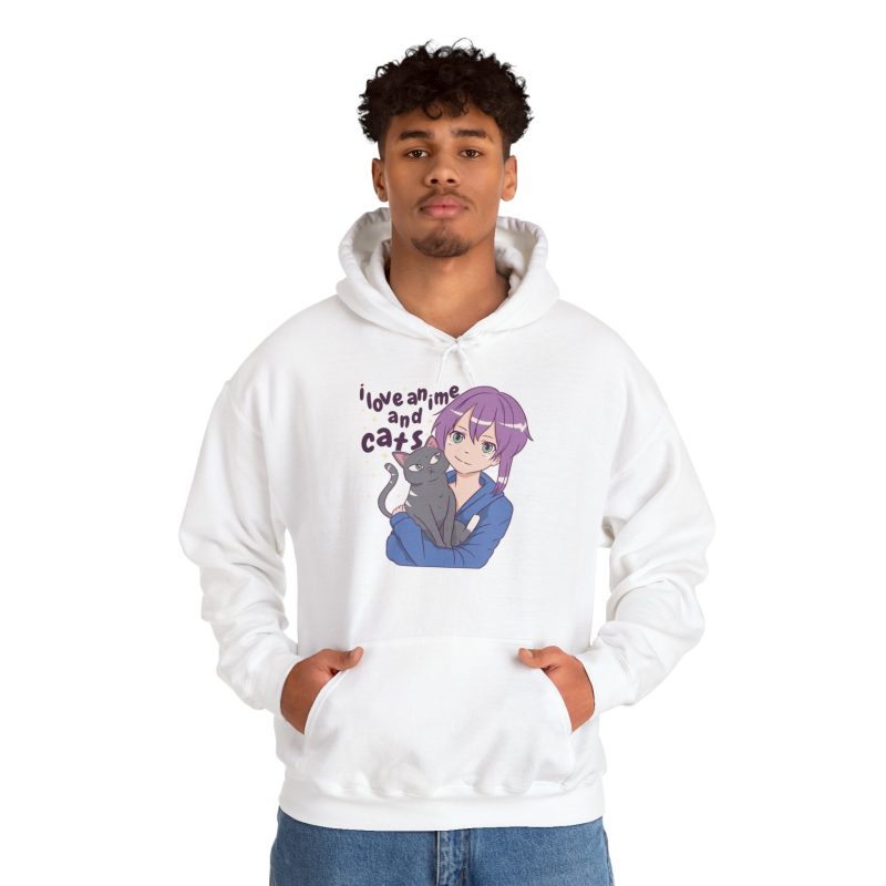 Person wearing a hoodie with a lilac-haired anime girl hugging a green-eyed gray cat printed on the front