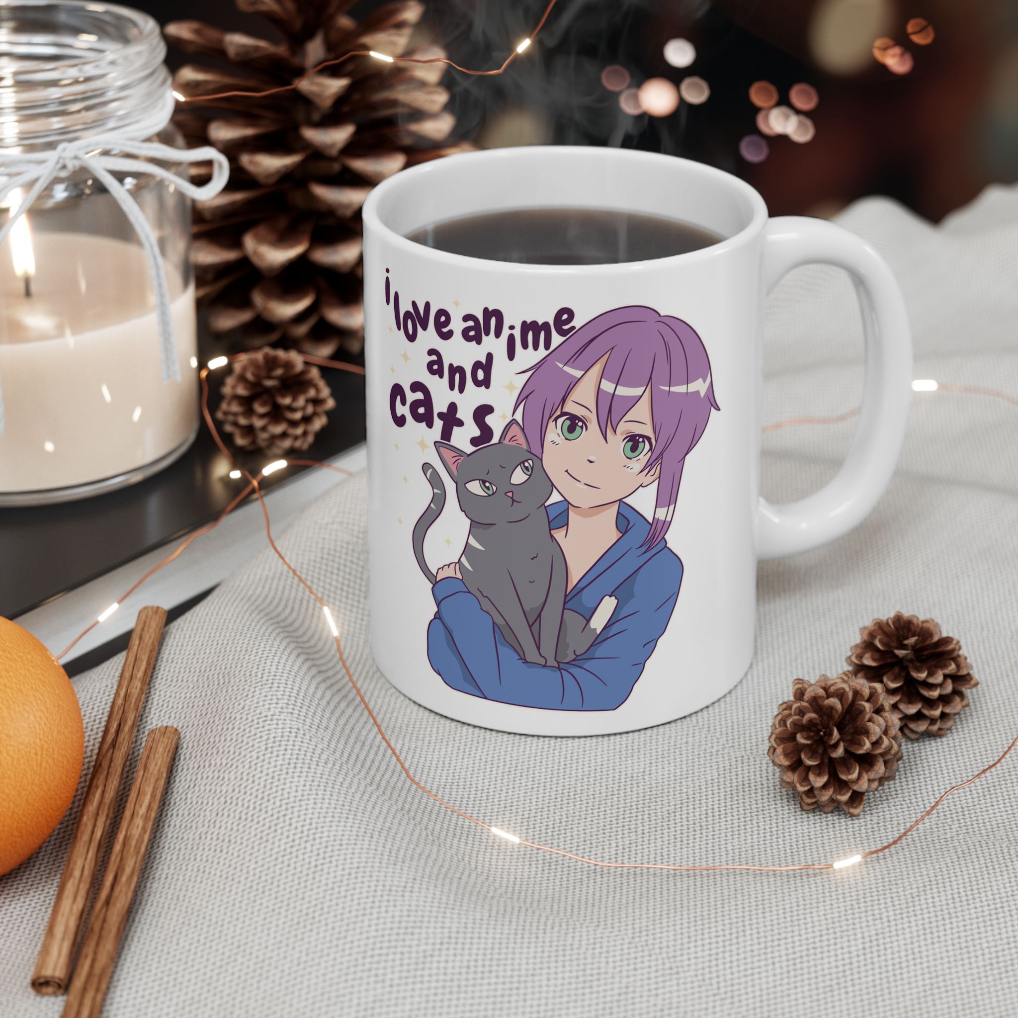 White ceramic mug showing a lilac-haired anime girl hugging a green-eyed gray cat