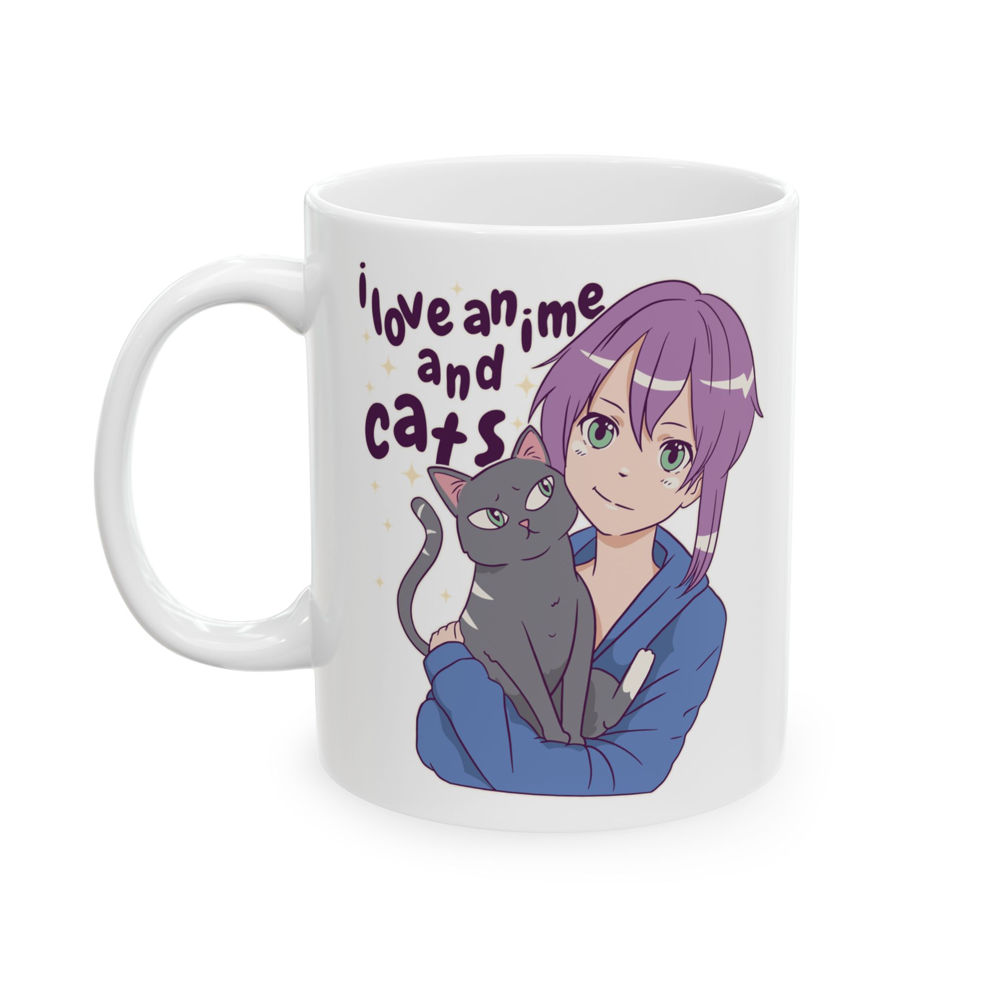 White ceramic mug showing a lilac-haired anime girl hugging a green-eyed gray cat