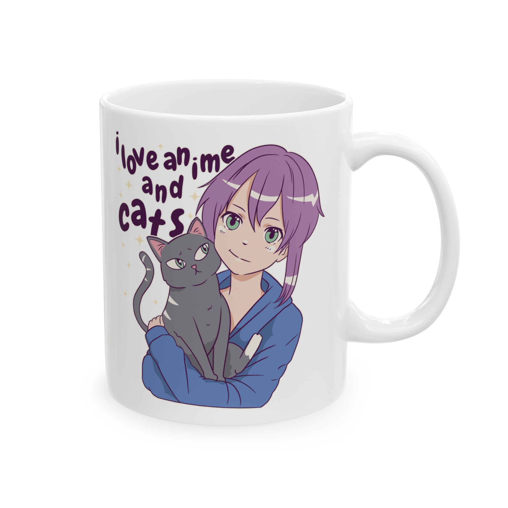 Opposite side of the white ceramic mug with the matching anime girl hugging a gray cat graphic