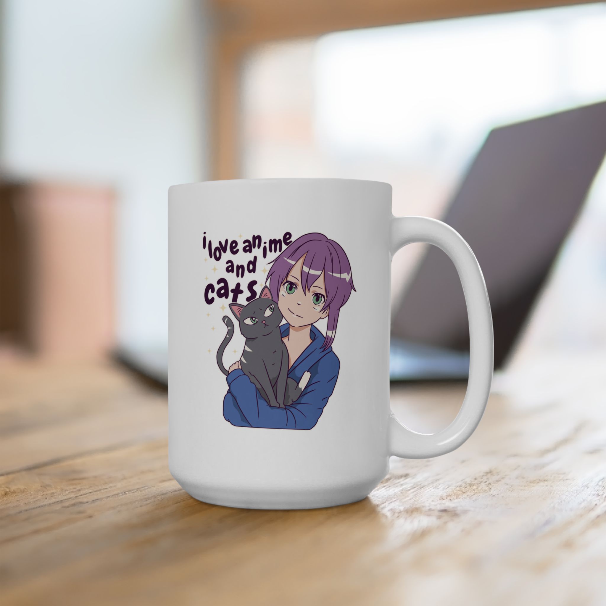 White ceramic mug showing a lilac-haired anime girl hugging a green-eyed gray cat