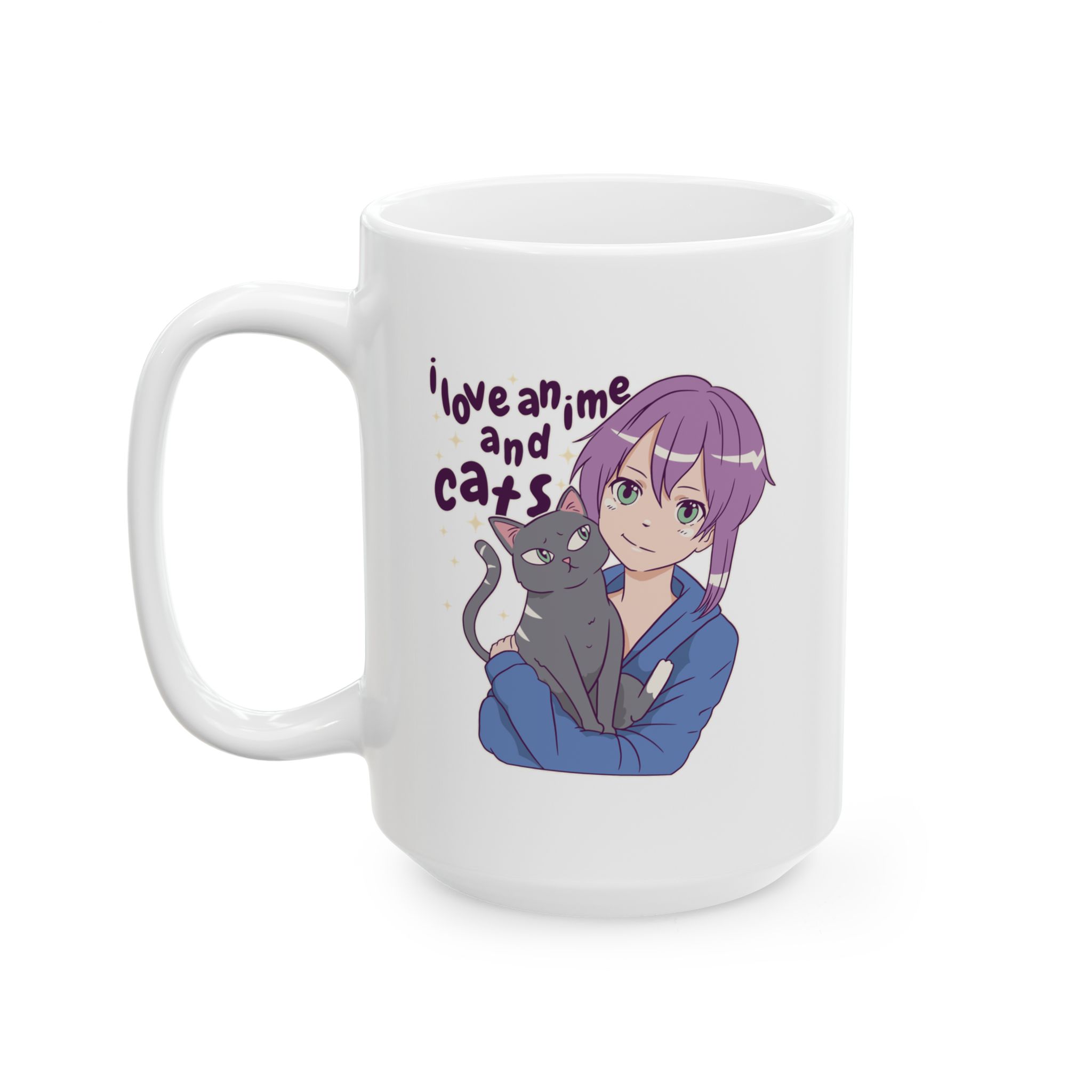 White ceramic mug showing a lilac-haired anime girl hugging a green-eyed gray cat