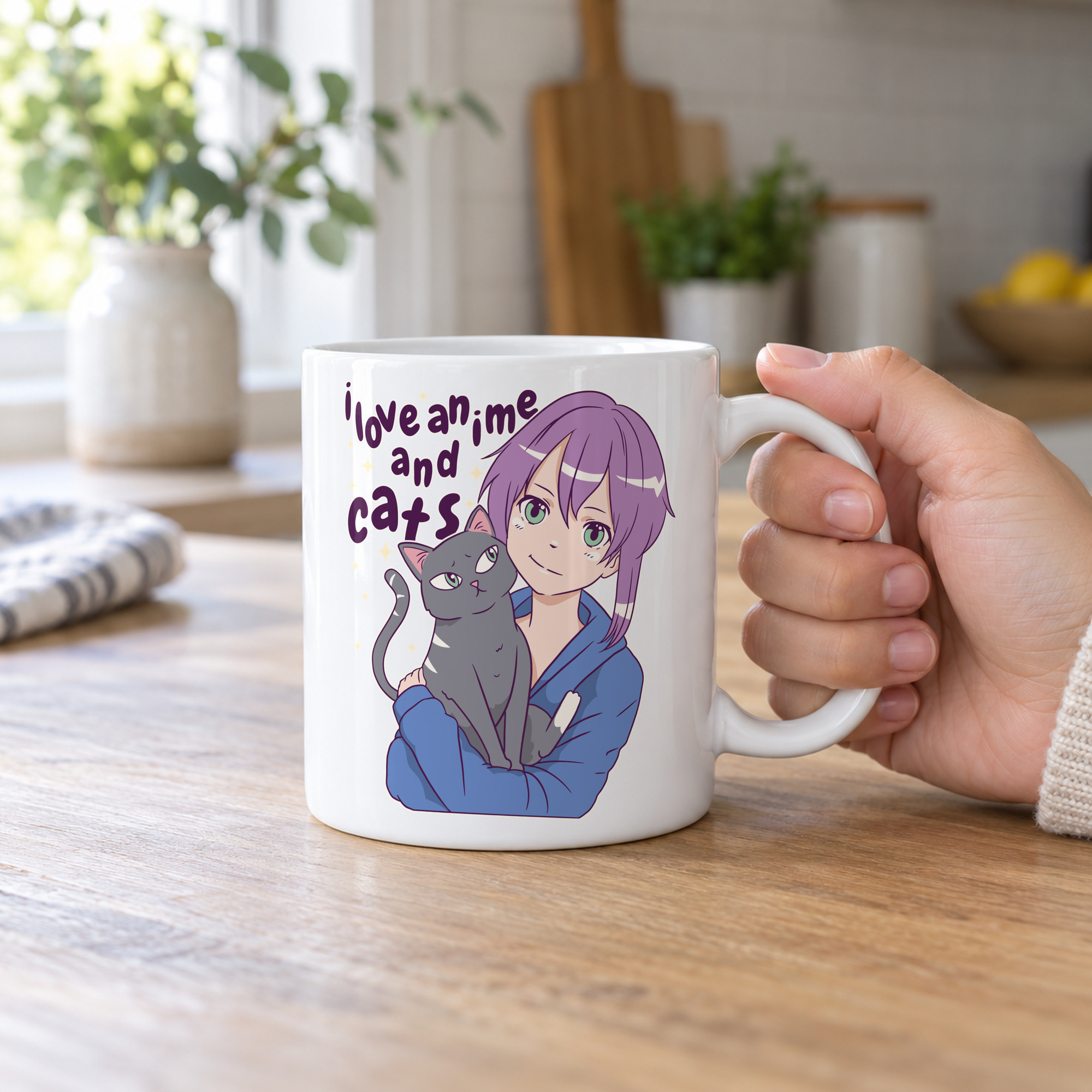Person holding a white ceramic mug showing a lilac-haired anime girl hugging a green-eyed gray cat