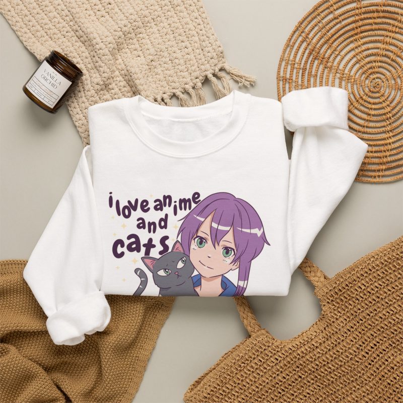 Lilac-haired anime girl hugging a green-eyed gray cat and bold lettering in the front print