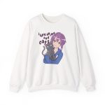 Front of the crewneck sweatshirt showing a lilac-haired anime girl hugging a green-eyed gray cat