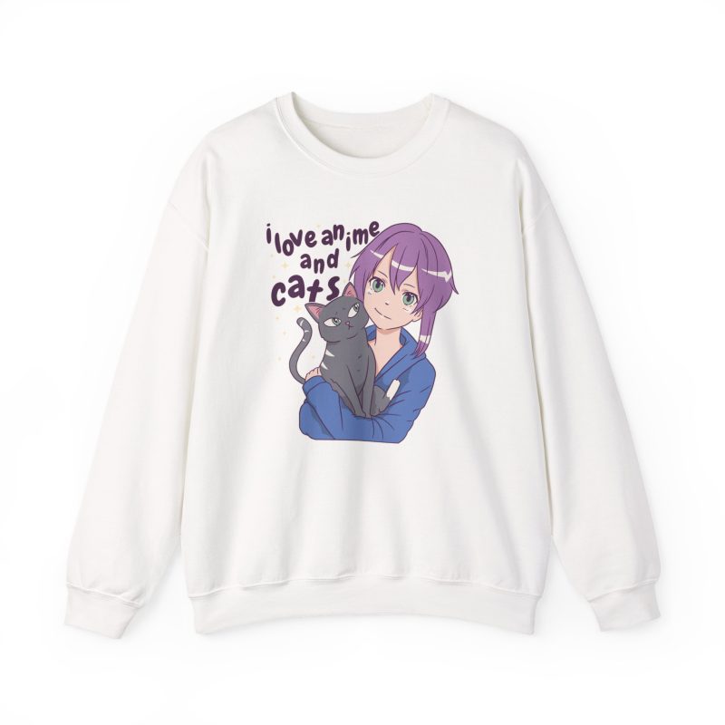 Front of the crewneck sweatshirt showing a lilac-haired anime girl hugging a green-eyed gray cat