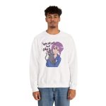 Person wearing a crewneck sweatshirt with a lilac-haired anime girl hugging a green-eyed gray cat printed on the front